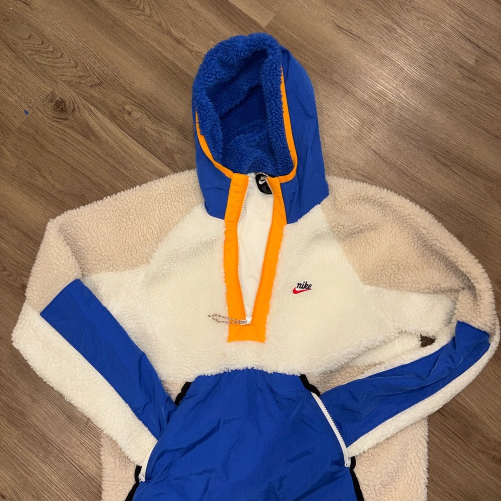 Nike Blue, Cream & Orange Sherpa Heritage Pullover Hoodie with Half Zip